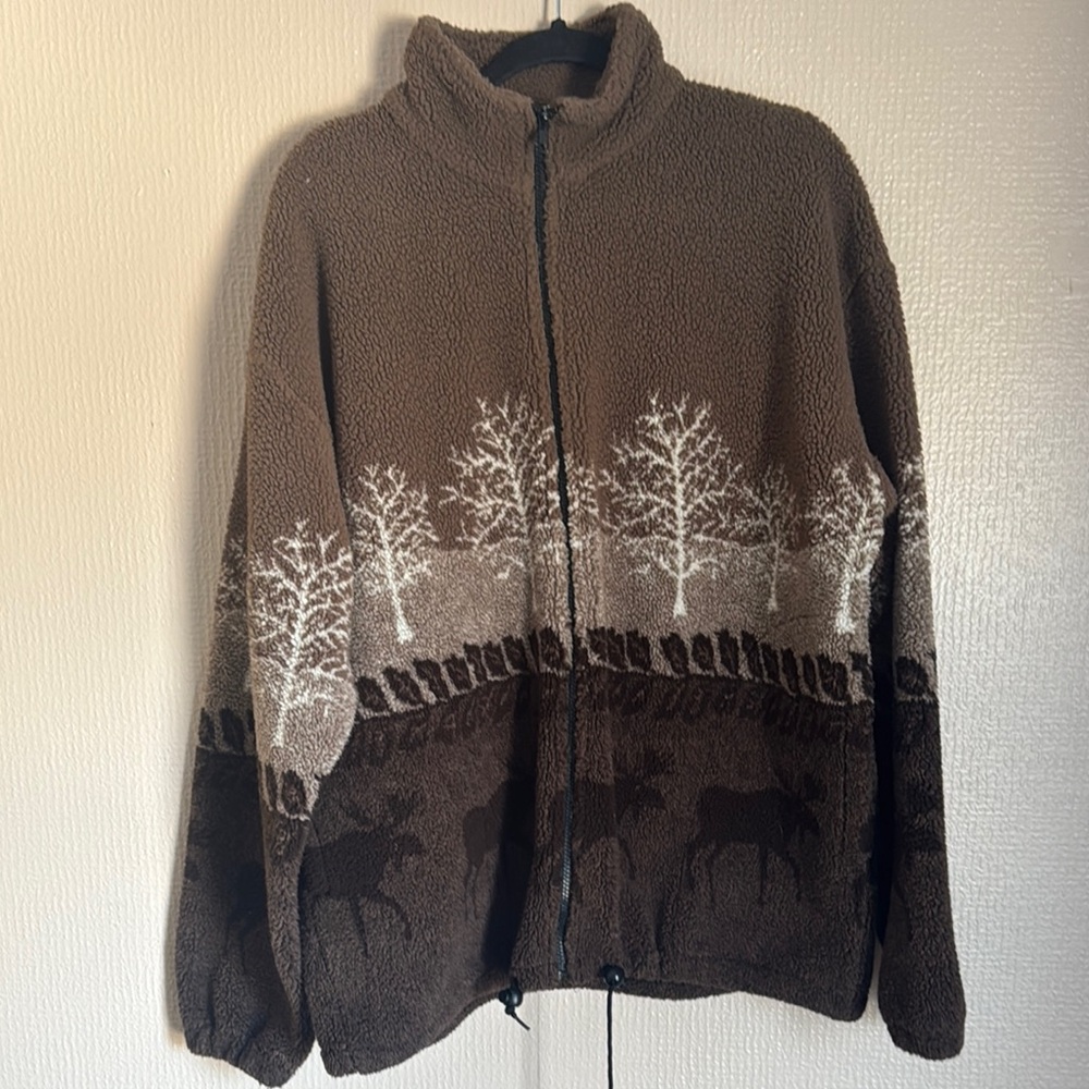 Brown Fleece Sweater with Nature Motif